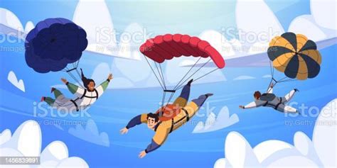 Parachutists In Sky Cartoon Flat Style Drawing Skydivers Characters