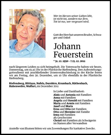 Todesanzeigen Von Johann Feuerstein Todesanzeigen Vorarlberger