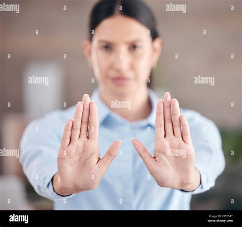 Closeup Of Females Hands Showing Stop Business Woman Holding Out Her