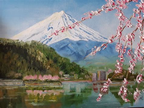 Fuijan Mountain Painting Snowy Mountains Home Lake Sakura Etsy