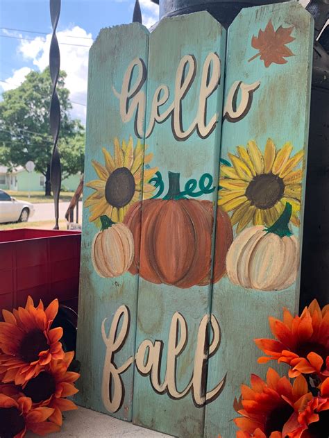 Hello Fall Sign White Pumpkins Sunflowers Porch Sign Etsy