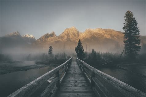 Brown Wooden Footboard Landscape Mist Mountains Bridge Hd Wallpaper