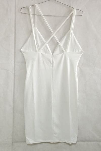 Cheap Sexy V Neck Spaghetti Strap Sleeveless Backless Crossed White Blending Sheath Mini Dress