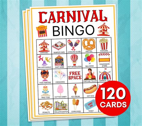 120 Carnival Bingo Cards Printable Game Carnival Party Bingo Boards