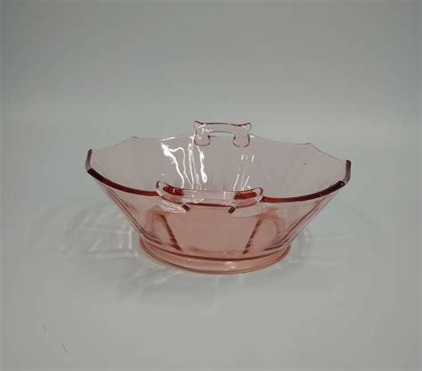 Vintage Pink Depression Glass Bowl With Handles And 10 Sides Etsy