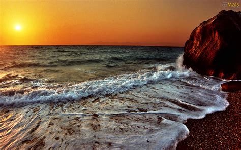 Papel De Parede Pôr Do Sol Na Praia Água Nas Rochas Wallpaper Para