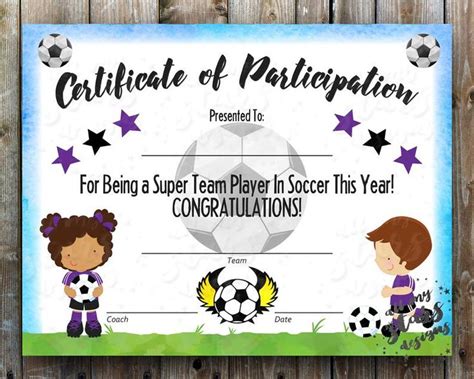 Printable Soccer Participation Certificate Sports Award Etsy