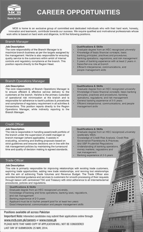 The job of a bank operations manager is very tough and vital. MCB Jobs 2014 May Latest Advertisement in Pakistan, Dawn ...