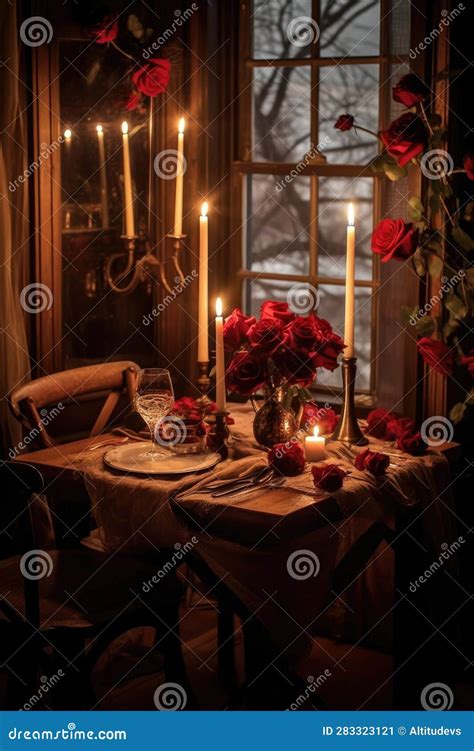 Romantic Candlelit Dinner Table Setup With Roses Stock Illustration Illustration Of Setup