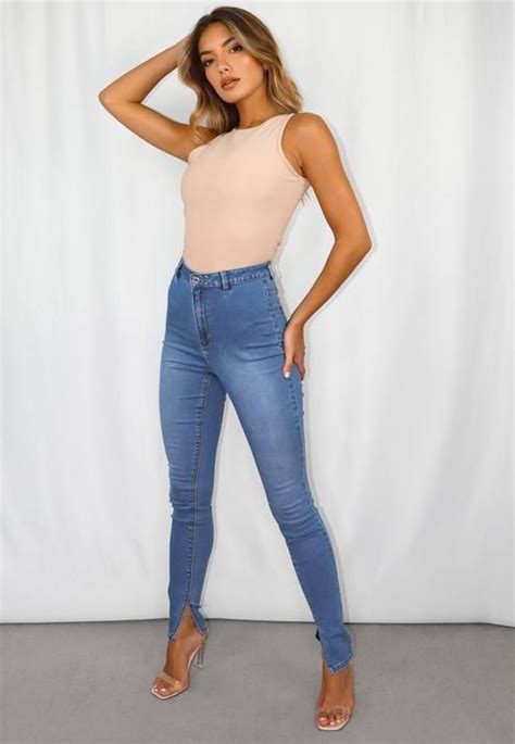 Missguided Blue Vice Split Hem Detail Super Skinny Jeans Skinny Jeans Womens Jeans Skinny