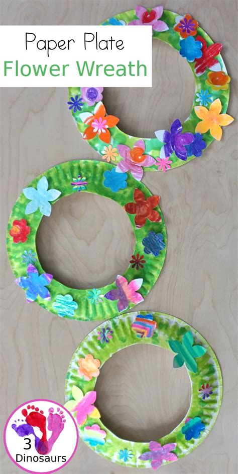 Flower Themed Paper Plate Wreath: Oil Pastels | 3 Dinosaurs