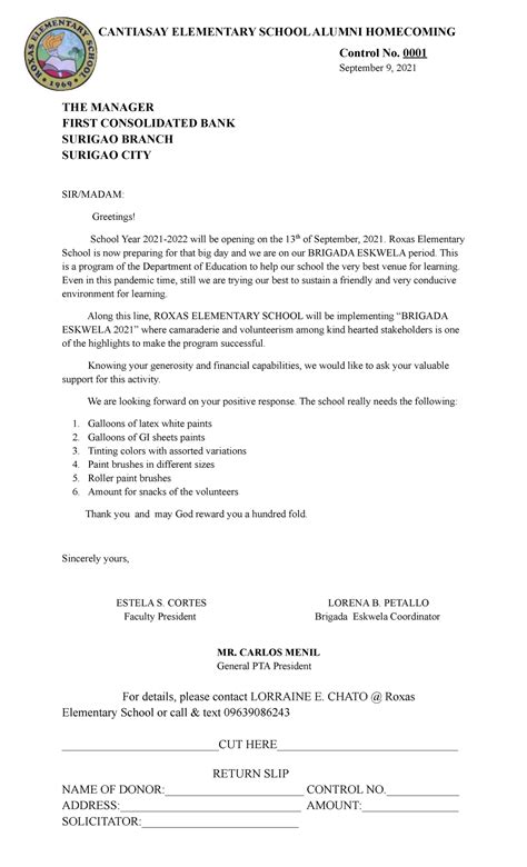 Solicitation Letter For Brigada Eskwela Cantiasay Elementary School