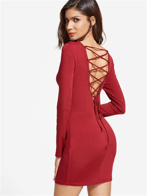 Red Lace Up V Back Long Sleeve Bodycon Dress Sheinsheinside