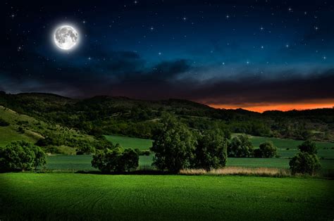 Full Moon And Starry Sky Over Green Field 4k Ultra Hd Wallpaper