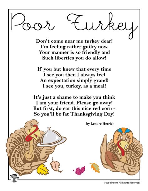 Thanksgiving songs and poems form an integral part of the celebration. Poor Turkey Thanksgiving Poem | Woo! Jr. Kids Activities
