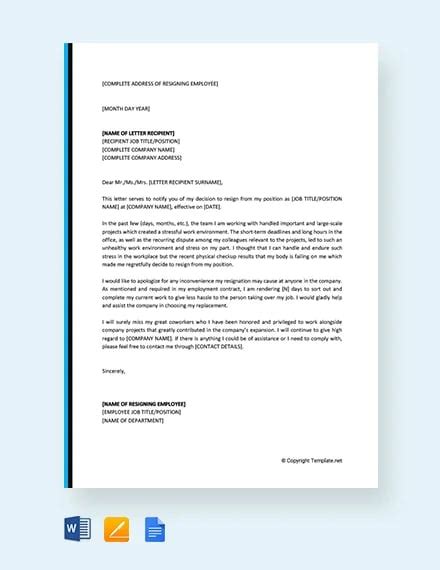 13 Resignation Letter Due To Stress Template Pdf Word Ipages