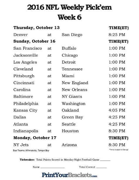 Nfl Schedule Weekly Printable