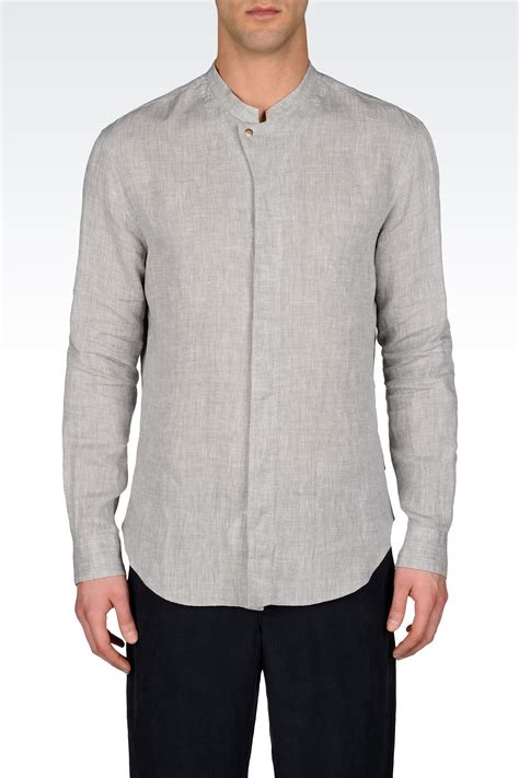 Armani Linen Shirt With Mandarin Collar In Light Grey Gray For Men Lyst
