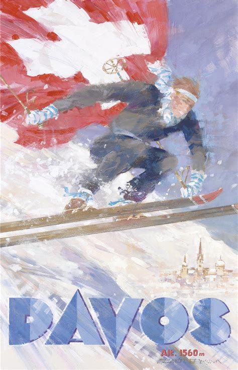Pel110 Davos Skier With Flag By Dexter Brown Vintage Travel