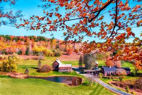 New England Rural Farm And Landscape With Colorful Autumn Foliage