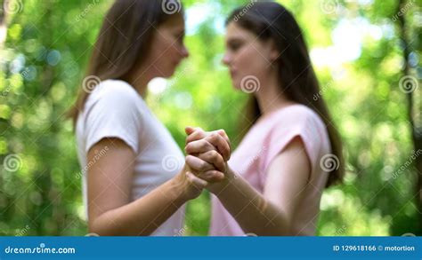 Lesbians Holding Hands Feel Attraction To Each Other Trustful Same Sex Love Stock Photo