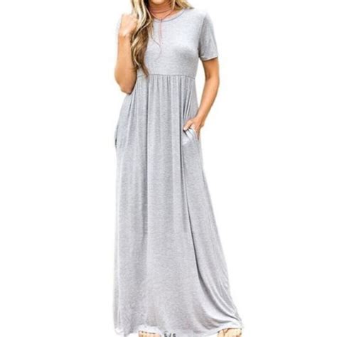 Summer Long Maxi Dress Short Sleeve Floor Length Evening Party Women Casual Dress Solid Color