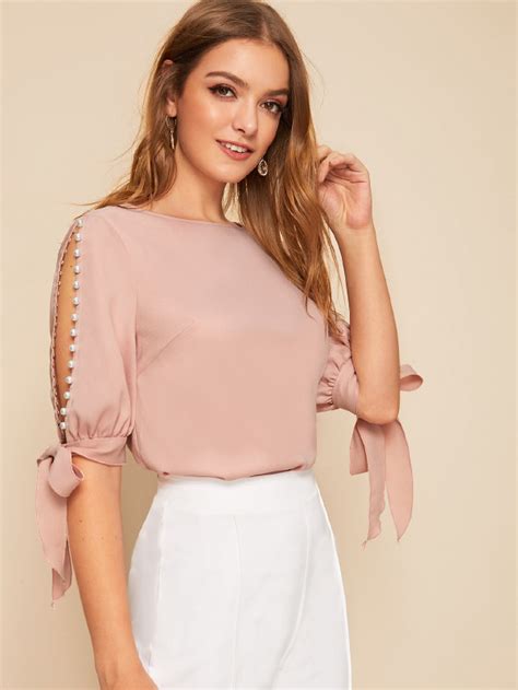 shein privé faux pearl self tie split sleeve top shein usa