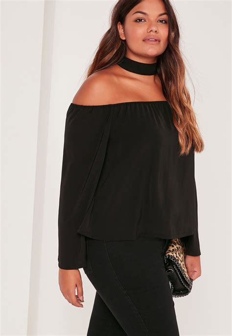 Missguided Plus Size Choker Neck Bardot Blouse Black Plus Size