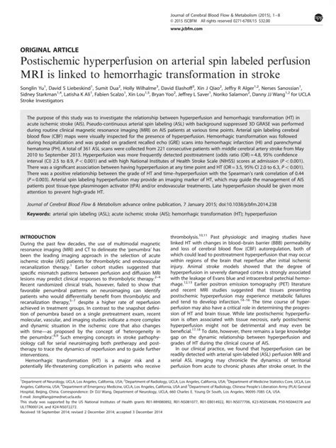 PDF Postischemic Hyperperfusion On Arterial Spin Labeled Perfusion