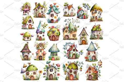 Set Cartoon Fairy Houses Watercolor In 2023 Fairy House Drawing