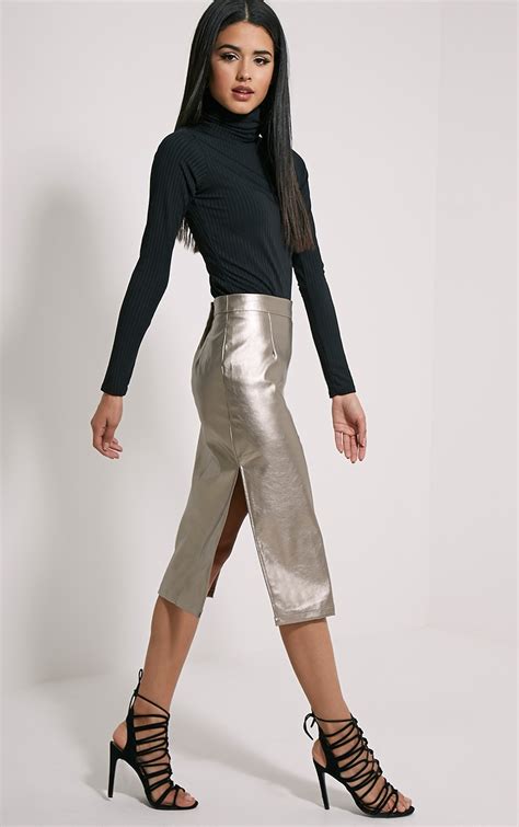 Tilda Silver Metallic Faux Leather Midi Skirt Prettylittlething