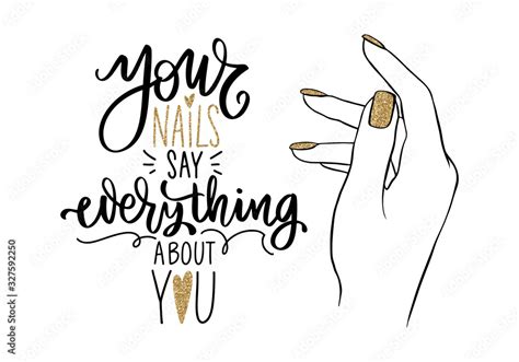 Vector Beautiful Woman Hands With Nude Nail Polish Handwritten Lettering About Nails Stock