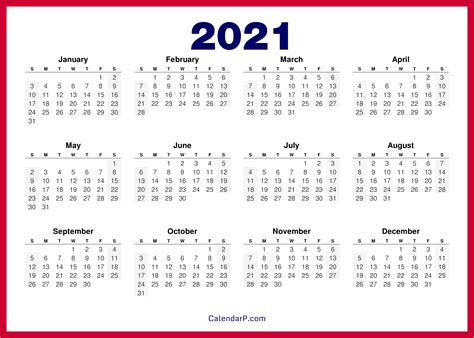 2021 Calendar Printable Free Hd Red Calendarp Printables