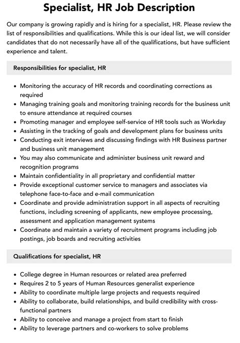 specialist hr job description velvet jobs