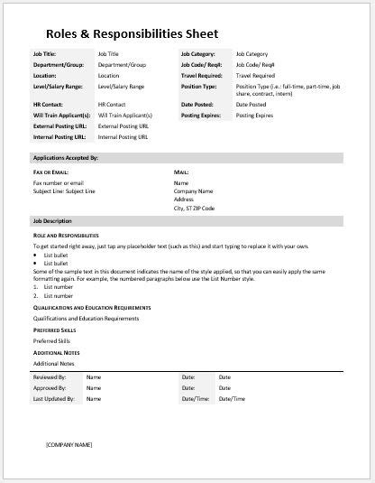 Roles And Responsibilities Sheet Templates Download Files