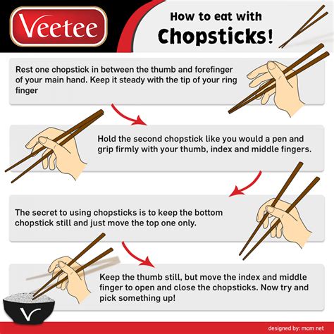 Place the bowl on the table when you eat, don't hold it by hand. How To Eat With Chopsticks | Visual.ly