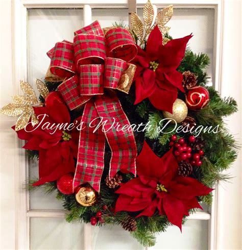 Classic Pine Christmas Wreath With Plaid Bow Ornaments Poinsettias