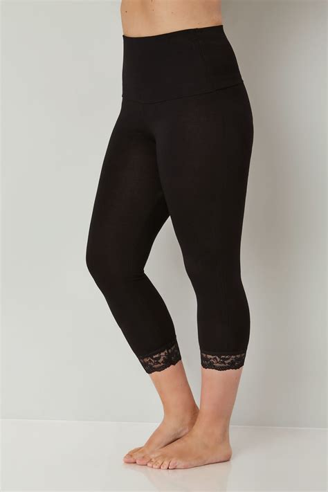 Black Tummy Control Soft Touch Cropped Leggings With Lace Trim Plus
