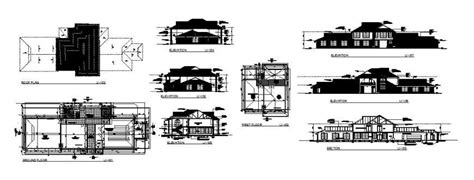 Club House With Garden And Mini Market All Sided Elevation Section And Floor Plan Cad Drawing