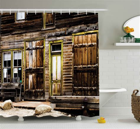 Rustic Shower Curtain Old Wooden Plank House With Antique Door And
