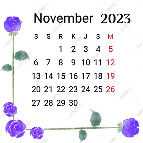 November 2023 Calendar Png Watercolor Rose Png Year 2023 Png