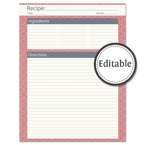 Recipe Card Full Page Fillable Instant Download Printable Pdf