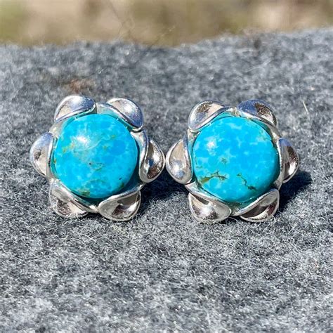 Genuine Turquoise Stud Earrings Blue Stone Earrings With Etsy