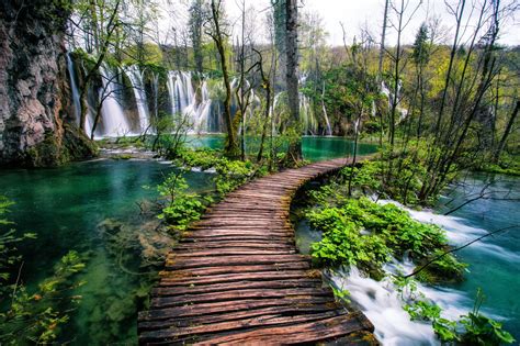 Plitvice Lakes Croatia Waterfalls A Wooden Walkway Leading To
