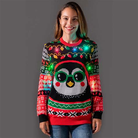 Glow Cool Penguin Womens Led Funny Ugly Christmas Sweater