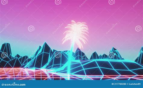 Retro 80s Style Synthwave Sunrise With Palm Trees 3d Rendering Stock