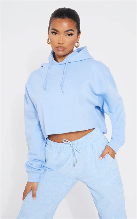 Baby Blue Lightweight Oversized Cropped Hoodie Prettylittlething Ca