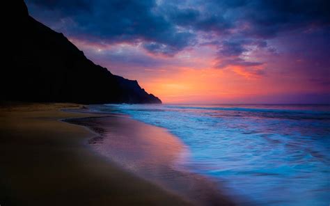 Sea Beach Sunset Purple And Blue Sky Clouds Coast