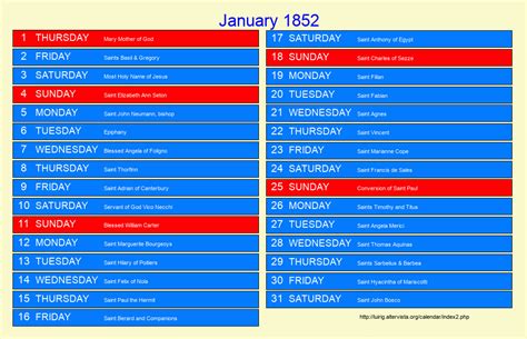 January 1852 Roman Catholic Saints Calendar