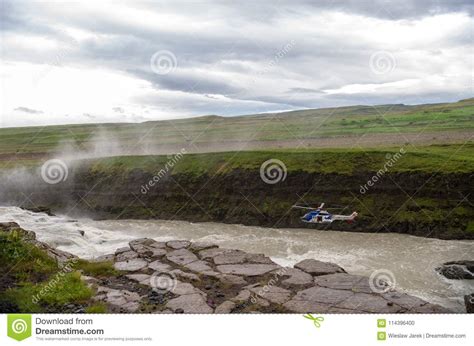 Helicopter Over The Canyon Of Hvita River On A Cloudy Day Iceland